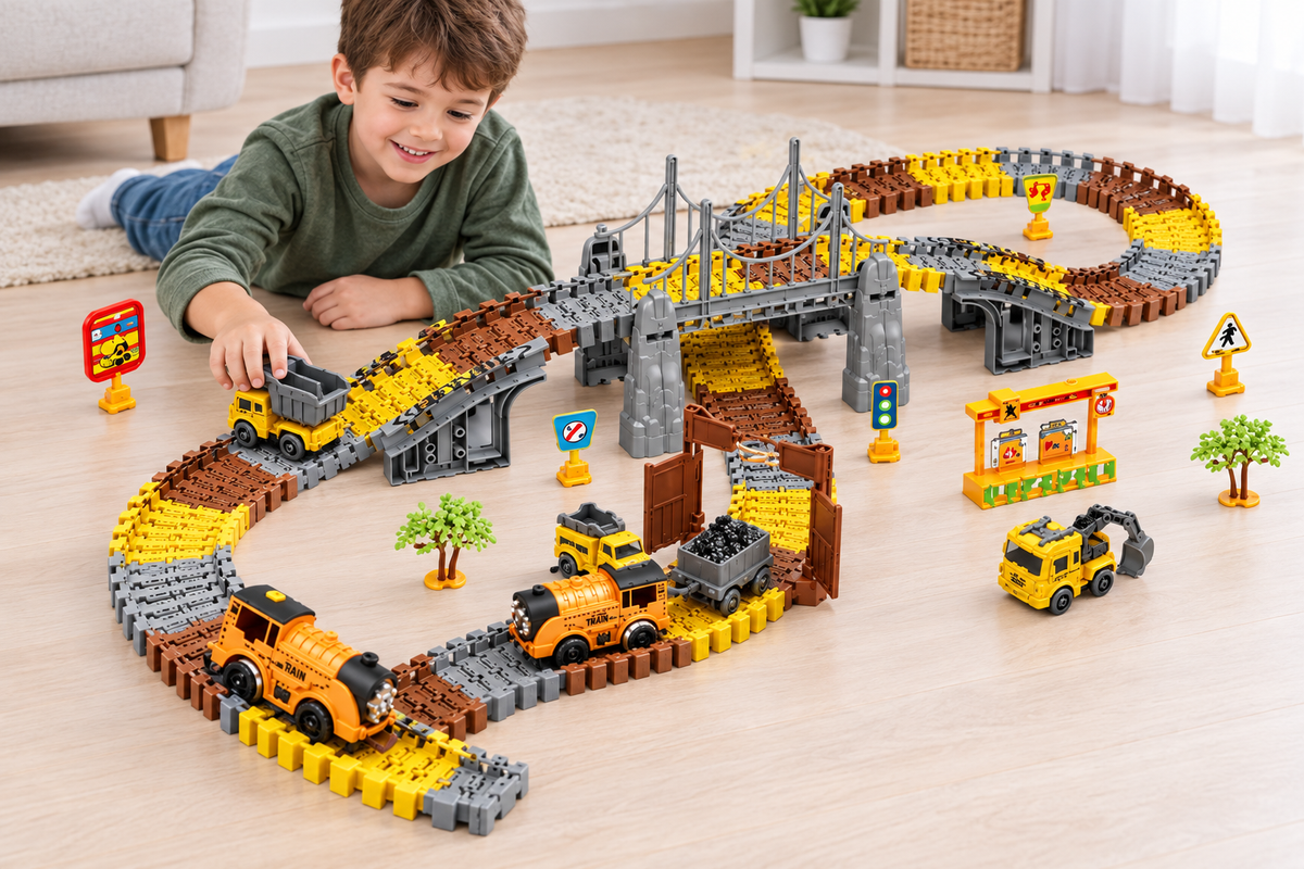 Niño jugando con la pista eléctrica de construcción