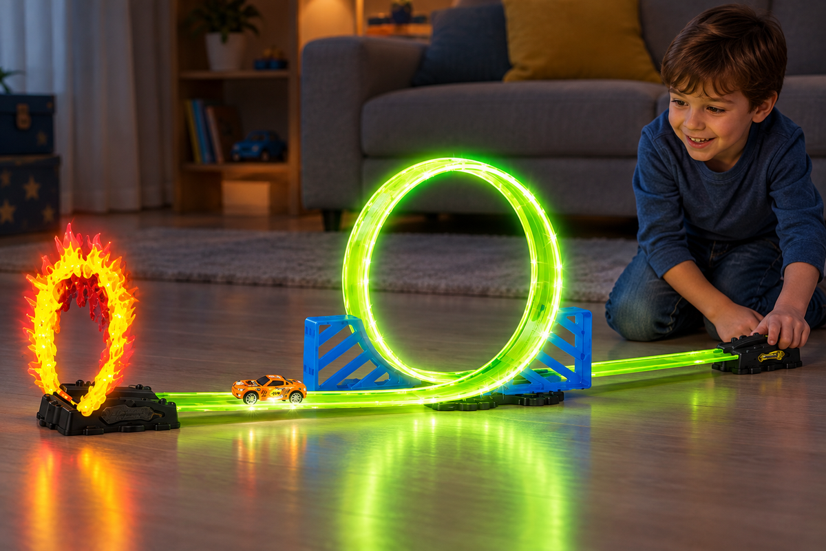 Niño jugando con la pista luminosa de acrobacias
