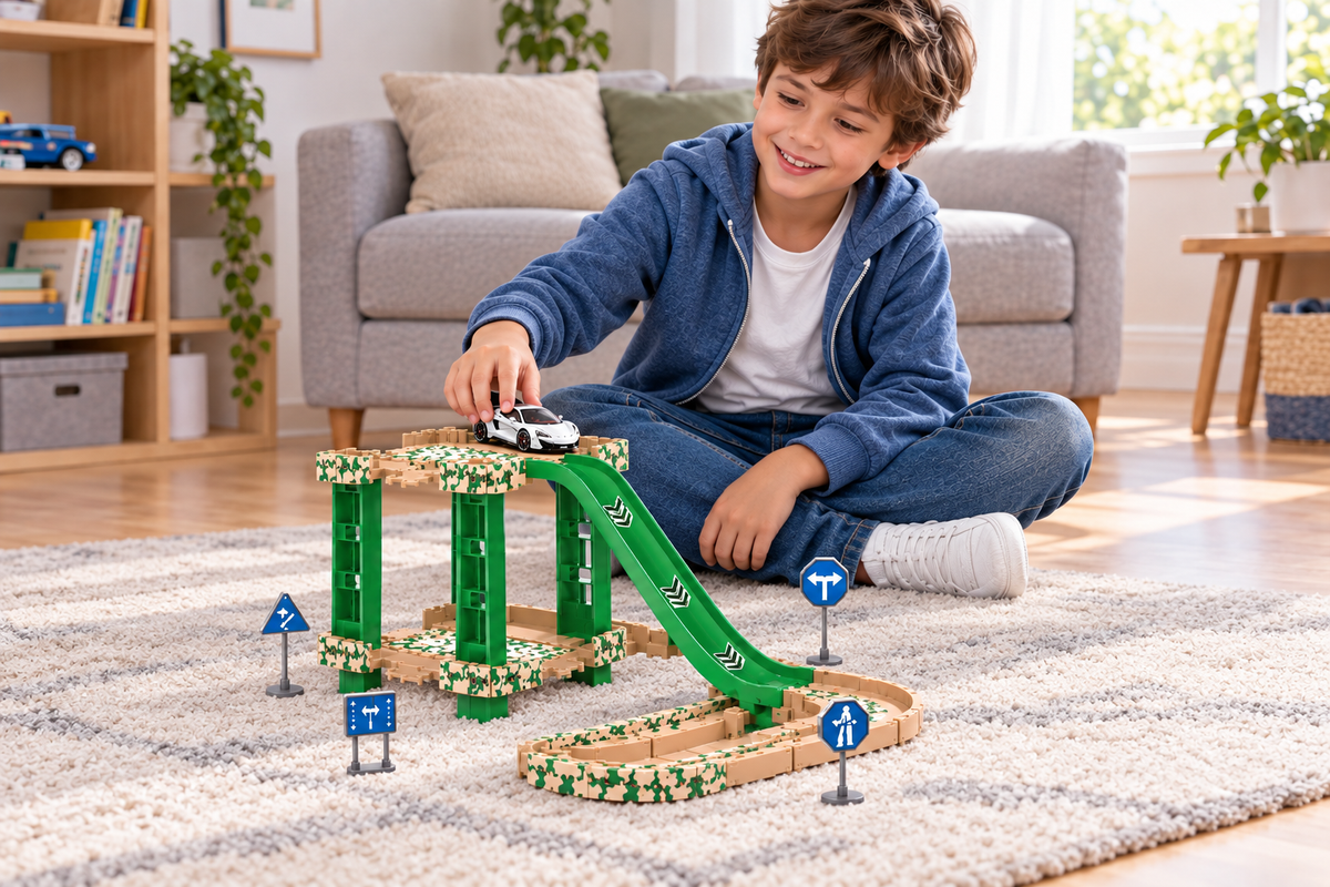 Niño jugando con la pista verde a escala realista