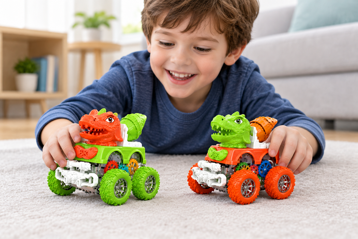 Niño jugando con los dos vehículos dinosaurio inerciales