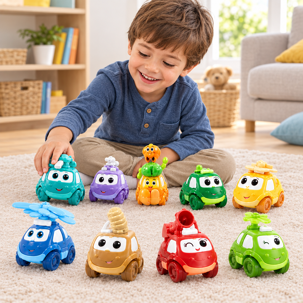 Niño pequeño jugando con el set de nueve carritos