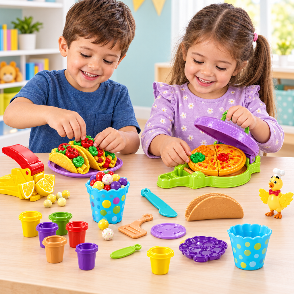 Niño y niña jugando con el set de comida de juguete