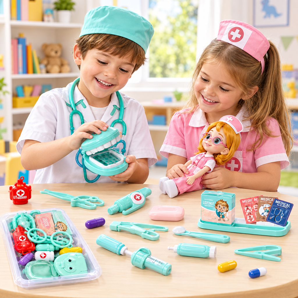 Niño y niña jugando con el set de dentista