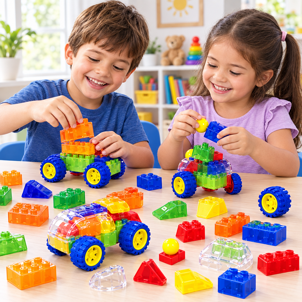 Niños armando figuras con los bloques de construcción