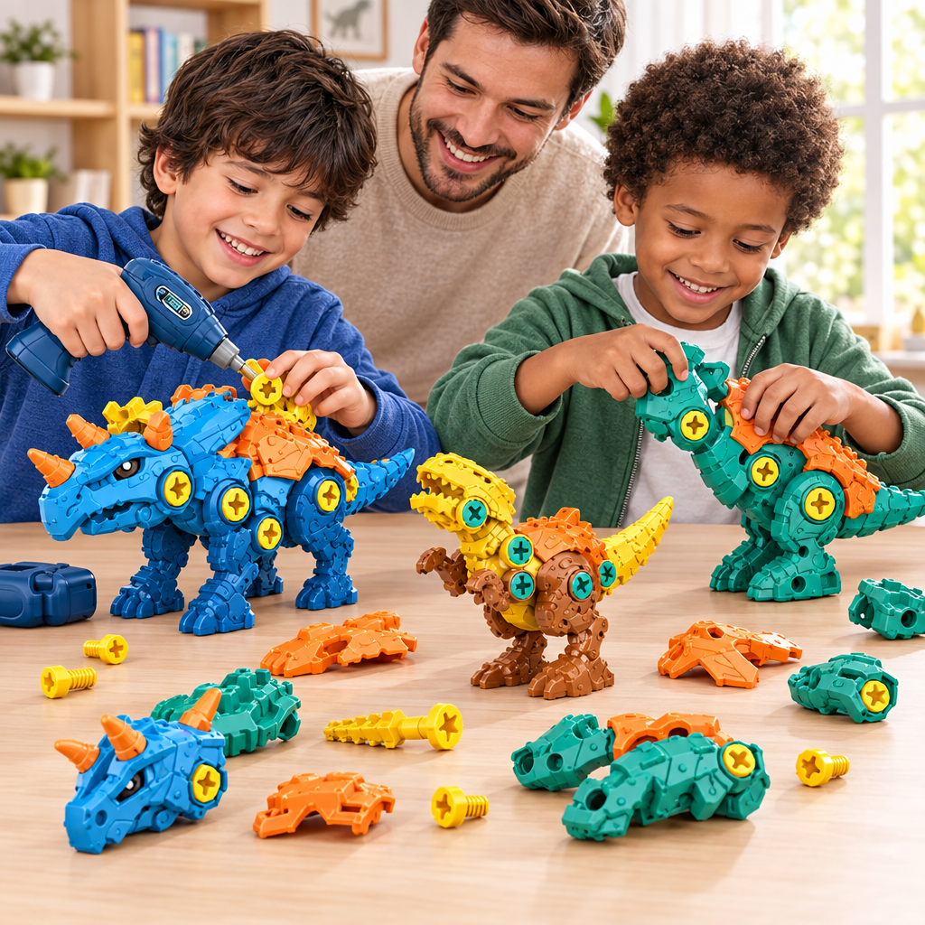 Niños armando y desarmando dinosaurios de juguete