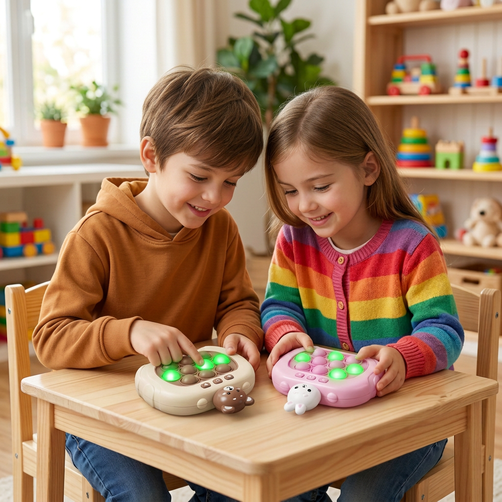 Niños de 10 años presionando las burbujas iluminadas del juego