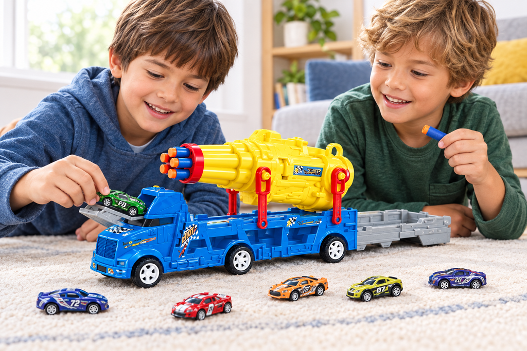 Niños jugando con el camión lanzador de dardos y carritos
