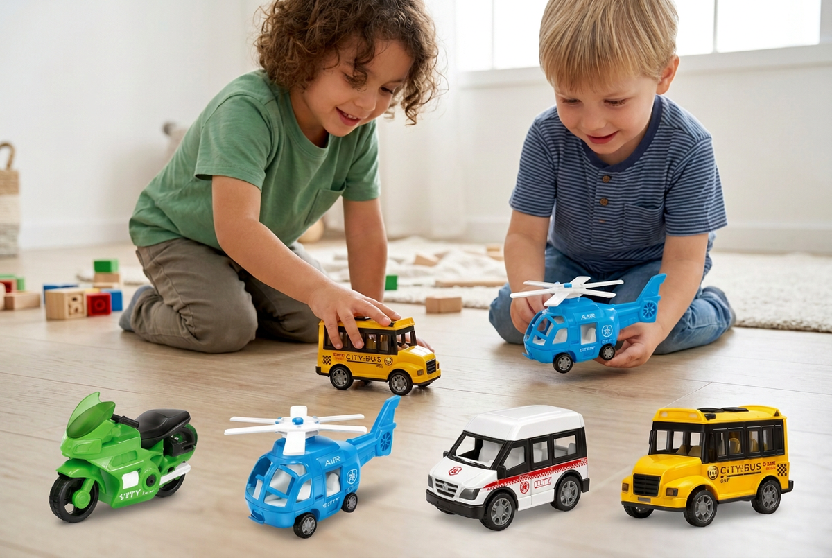 Niños jugando con el set City Cars con la moto verde