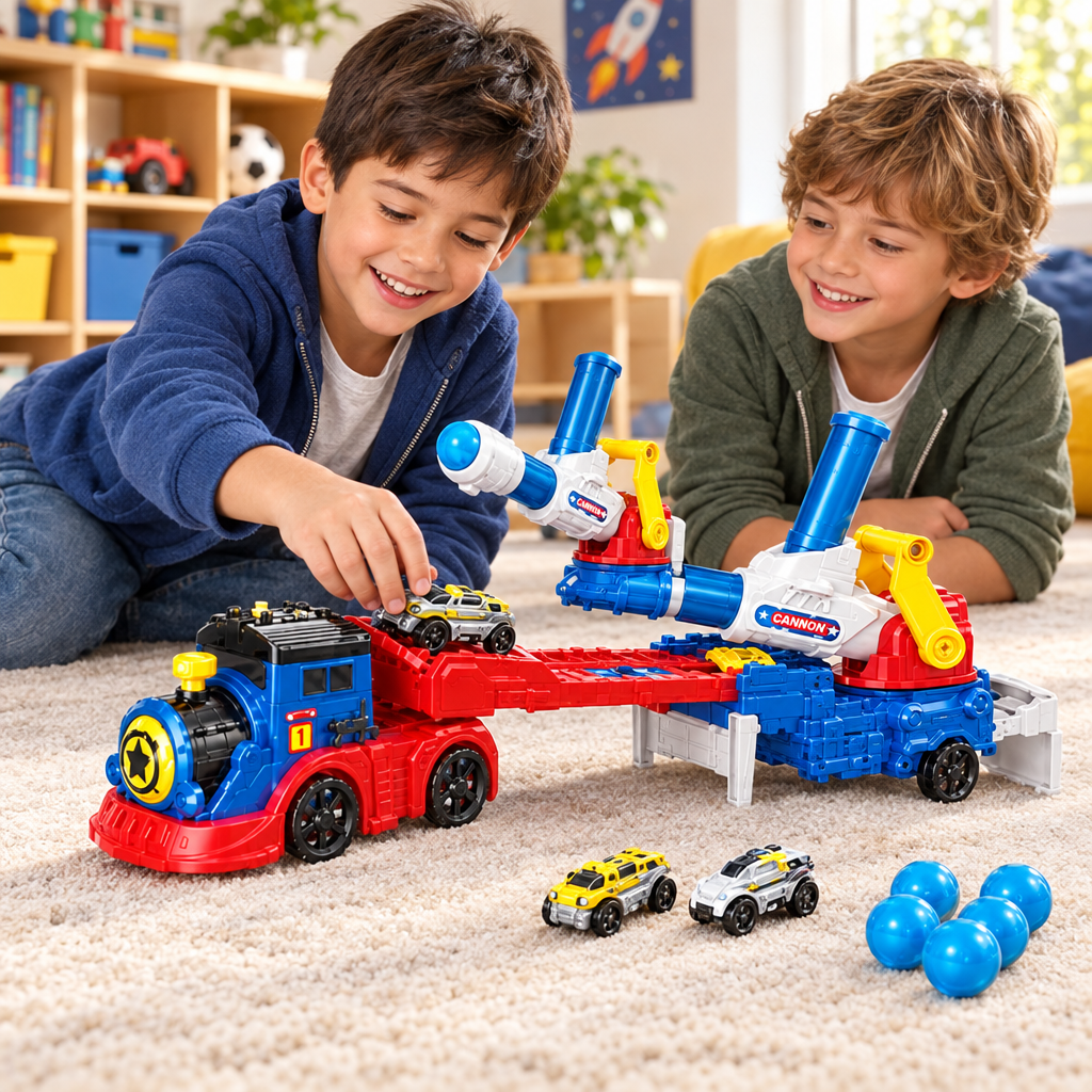 Niños jugando con el tren-cañón de juguete