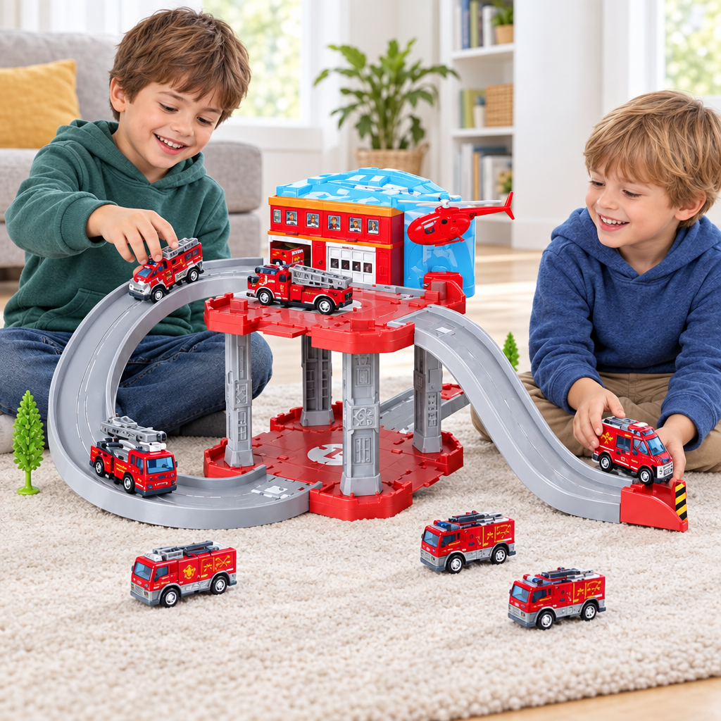Niños jugando con la estación de bomberos de juguete