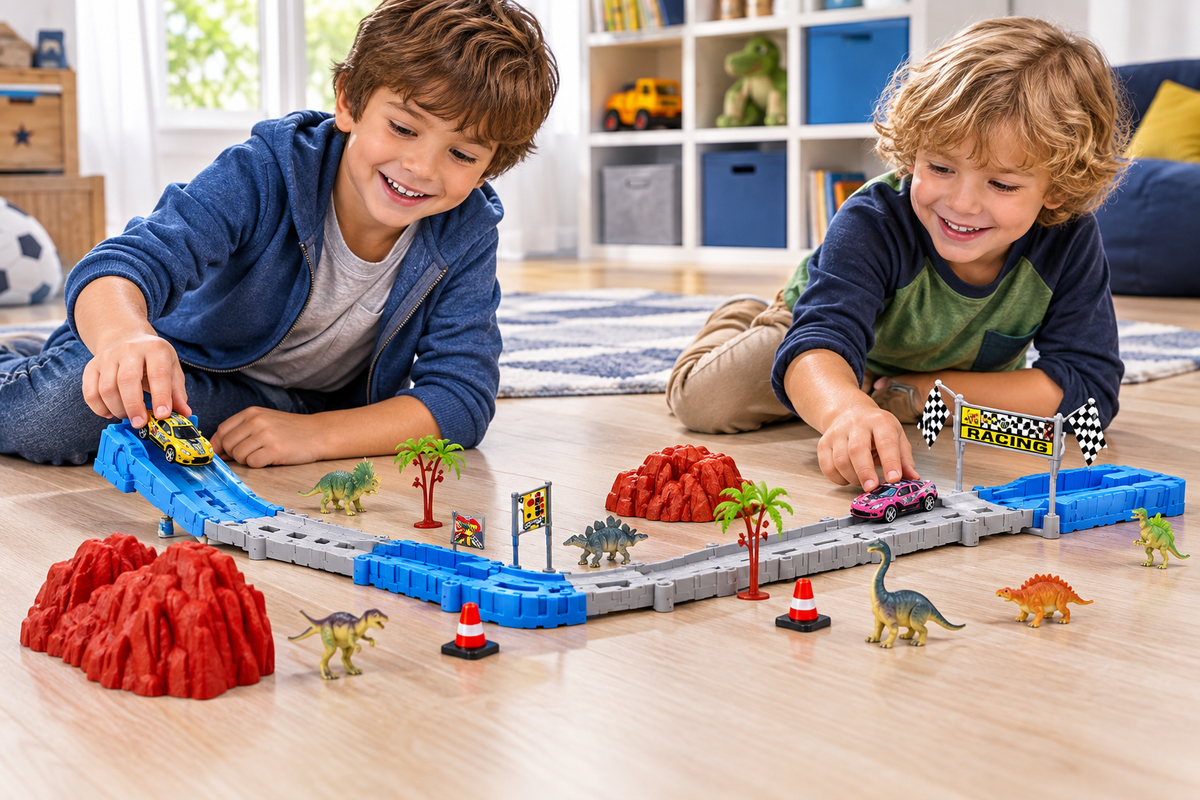 Niños jugando con la pista de carreras y dinosaurios