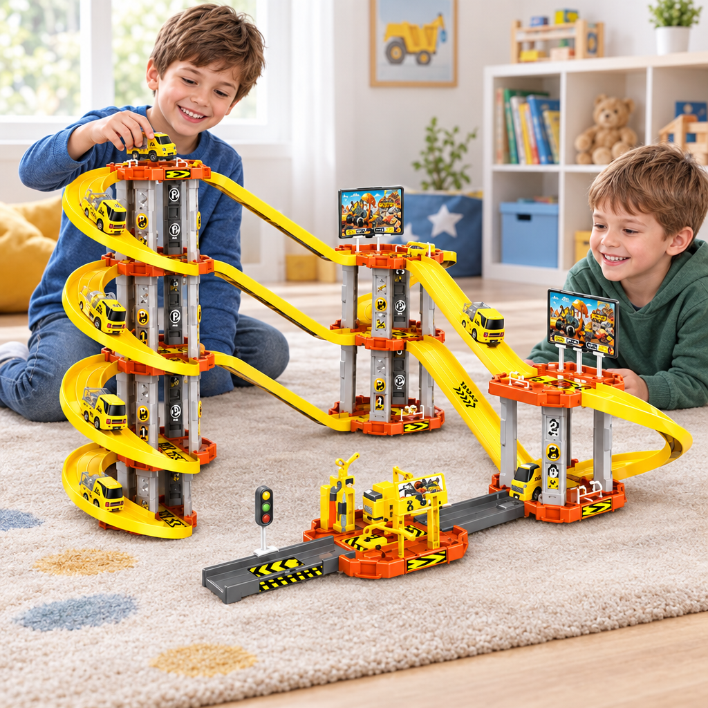 Niños jugando con la pista de construcción de tres niveles