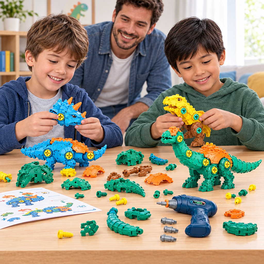 Niños preparando las piezas del set de dinosaurios