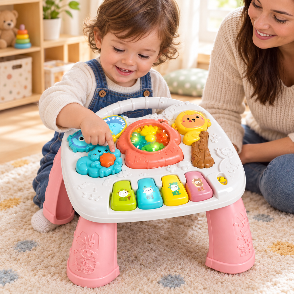 Pequeño jugando con la mesa de actividades