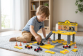 Un niño jugando con el centro de construcción y sus piezas a la vista