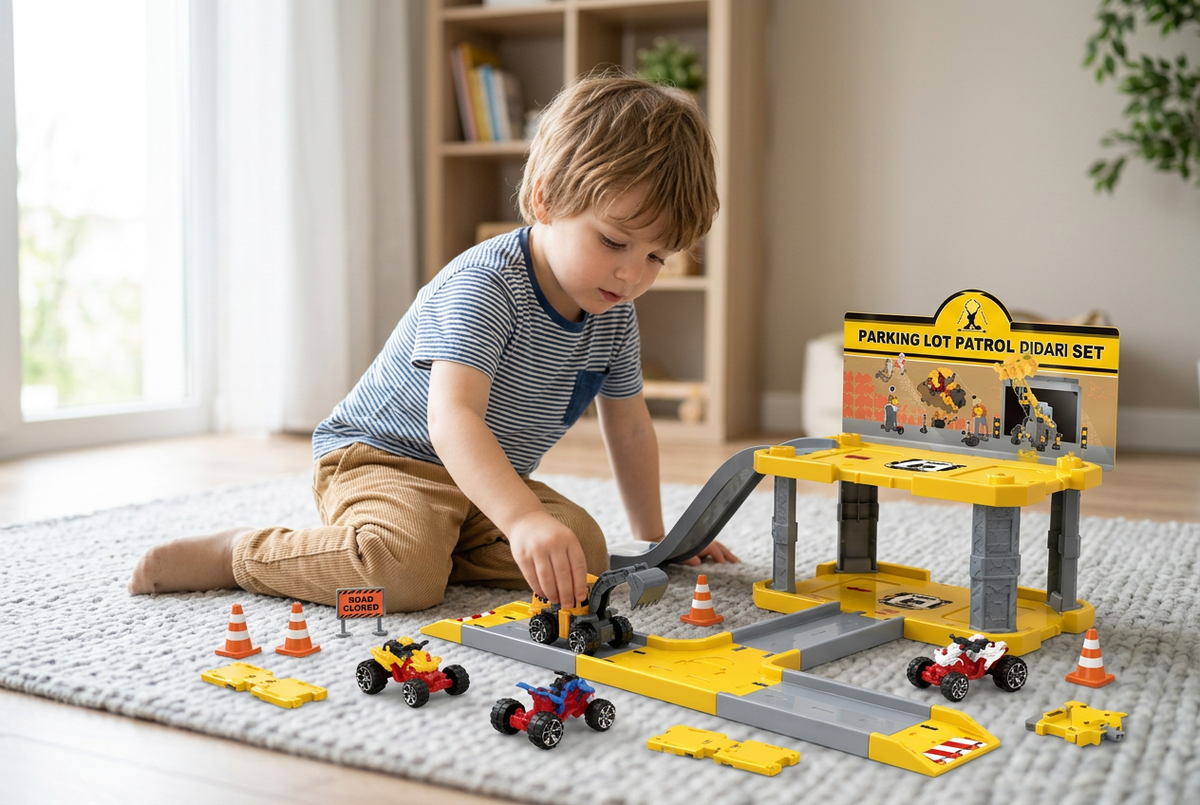 Un niño jugando con el centro de construcción y sus piezas a la vista